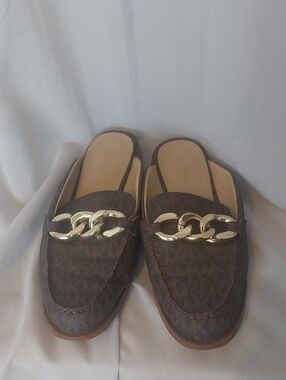 Michael Kors Brown Logo-Print Chain-Trim Mules